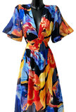 Mooie blauw-oranje maxi jurk met print_
