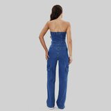 Modieuze blauwe jeans bustier jumpsuit_