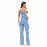 Modieuze licht blauwe jeans bustier jumpsuit_