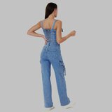 Modieuze blauwe jeans jumpsuit met bretellen_