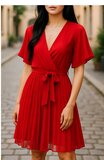 Korte rode cross heart plisse jurk _