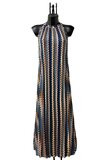 Zomerse mouwloze blauw-beige mixed plisse jurk met print_