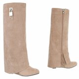 Hoge kaki bruine suede laars met omslag Calista_