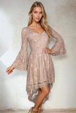 Lange asymetrische kanten taupe jurk_