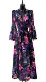 Sierlijke purper-zwarte-fuchsia mixed maxi jurk met bloemenprint_