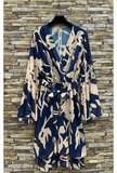 Prachtige korte blauw beige wikkeljurk met print _