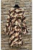 Prachtige korte marron bruine-beige wikkeljurk met  print _