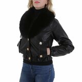 Korte zwarte leatherlook  jacket met zwarte imitatiebonte kraag_