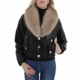 Korte zwarte leatherlook  jacket met beige imitatiebonte kraag_