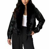 Trendy korte zwarte leatherlook  jacket met zwarte imitatiebonte kraag_