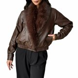 Trendy korte bruine leatherlook  jacket met bruine imitatiebonte kraag_