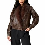Trendy korte bruine leatherlook  jacket met bruine imitatiebonte kraag_