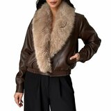 Trendy korte bruine leatherlook  jacket met beige imitatiebonte kraag_