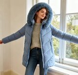 Cozy licht blauwe midi  gewatteerde winterjas met shiny look_