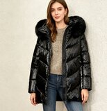 Cozy zwarte midi  gewatteerde winterjas met shiny look_