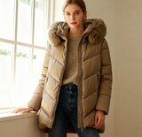 Cozy taupe midi  gewatteerde winterjas met shiny look_