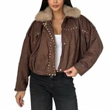 Trendy bruine bomber jacket in leatherlook versierd met nailheads_