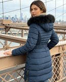 Stijlvolle donker blauwe midi pufferjas_