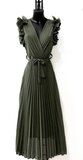 Elégante robe longue plissée verte kaki_