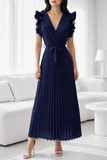 Elégante robe longue plissée bleue foncée_