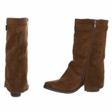 Licht bruine suède laars met perforaties en goudkleurige gesp Milou_