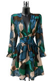 Mooie korte groen-blauw-beige jurk met print_