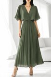 Elegante kaki groene maxi plisse jurk _