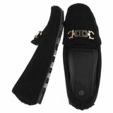 Zwarte suede mocassin Cora met gouden decoratie_