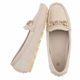 Beige suede mocassin Cora met gouden decoratie_