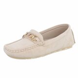 Beige suede mocassin Cora met gouden decoratie_