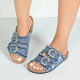 Blauwe denim slippers Claire met strass gespen_