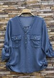 Blauwe ultrasoft denim dames blouse met V-hals en borstzakken – casual elegante top_