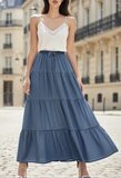 Blauwe ultrasoft denim maxi rok met volants en trekkoord_