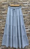 Licht blauwe ultrasoft denim maxi rok met volants en trekkoord_