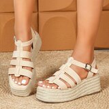 Beige plateau sandalen Cecili met gevlochten zool_