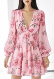Robe rose fleurie à manches longues et col V_