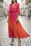 Sierlijke fuchsia-oranje mix maxi plisse jurk_