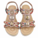 Champagne dames sandalen met kleurrijke steentjes en elastische band Cedela_