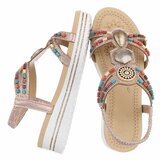 Champagne dames sandalen met kleurrijke steentjes en elastische band Cedela_