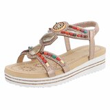 Champagne dames sandalen met kleurrijke steentjes en elastische band Cedela_