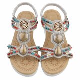 Zilveren dames sandalen met kleurrijke steentjes en elastische band Cedela_