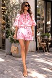 Dames set roze met print – blouse & short met ceintuur | Zomerse look_