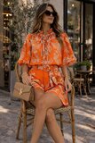 Dames set oranje met print – blouse & short met ceintuur | Zomerse look_