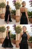 Robe de soirée noire haute couture à sequins et col halter_