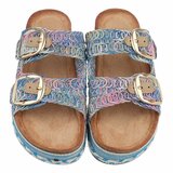 Blauwe plateau slippers Cendi met gesp en borduurdetails_