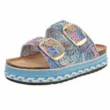 Blauwe plateau slippers Cendi met gesp en borduurdetails_