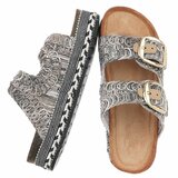 Zwarte plateau slippers Cendi met gesp en borduurdetails_