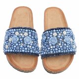 Blauwe slippers Gisele met parels en bloemen details_