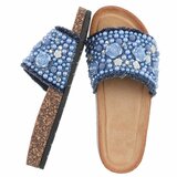 Blauwe slippers Gisele met parels en bloemen details_