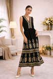Robe maxi noire avec broderies dorées – allure élégante et luxueuse_
